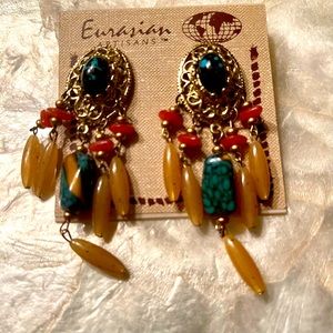 Vintage new Eurasian artisans natural gemstones dangle earrings